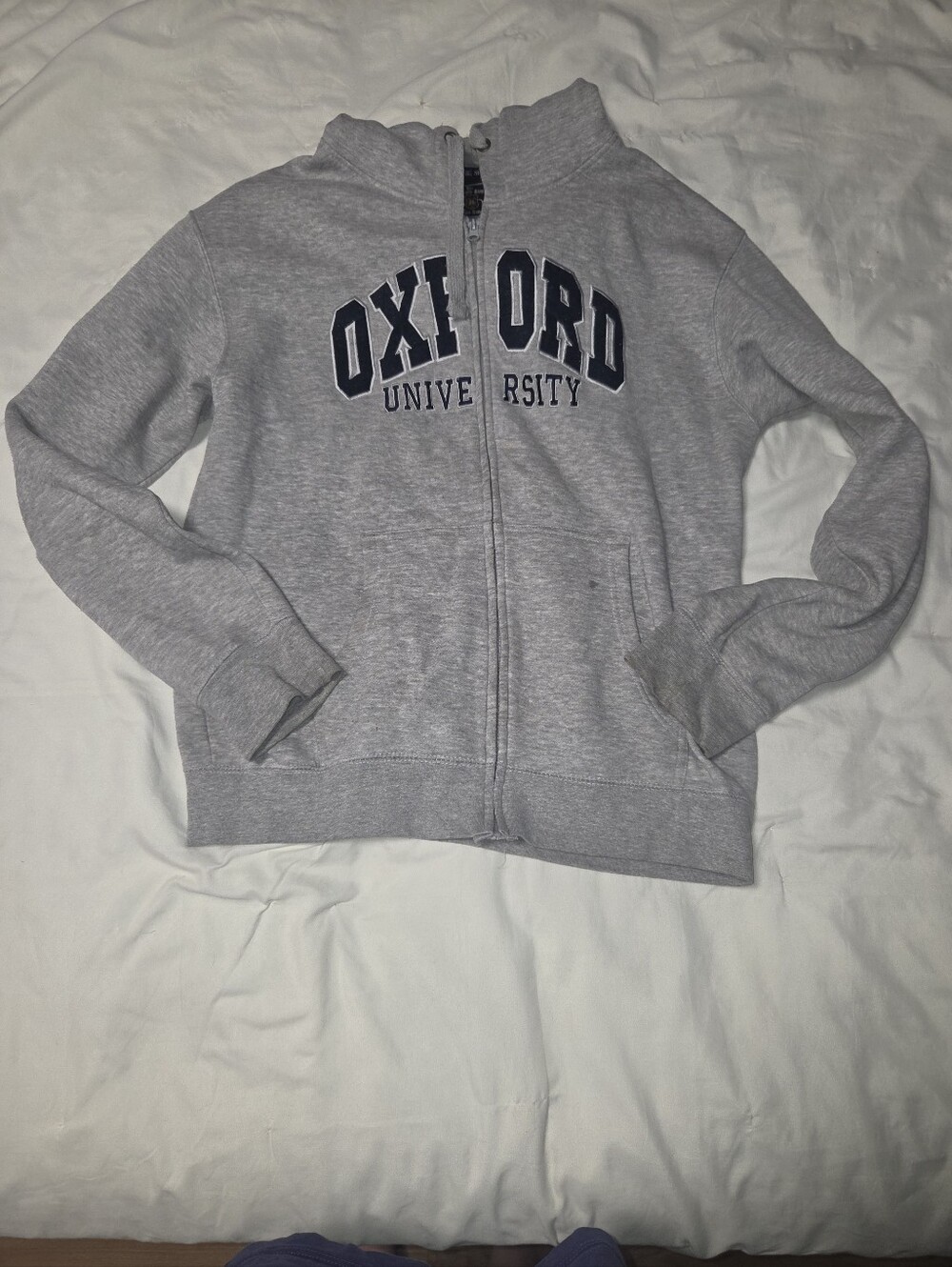 Oxford Gray Zip-Up Sweater Cardigan with Navy Lettering